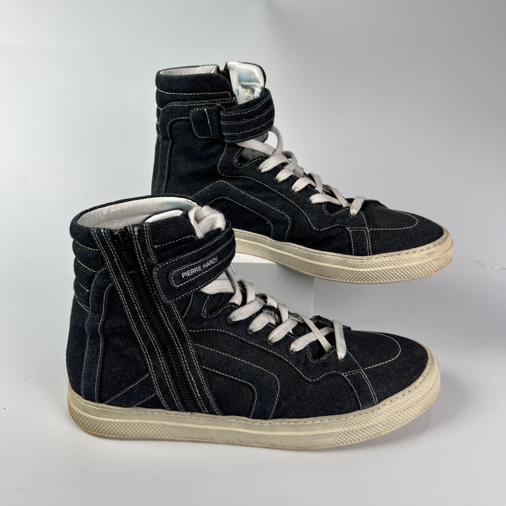PIERRE HARDY MEN'S DARK BLUE DENIM GABARDINE HIGH TOP SNEAKERS SIZE EU 44 US 11